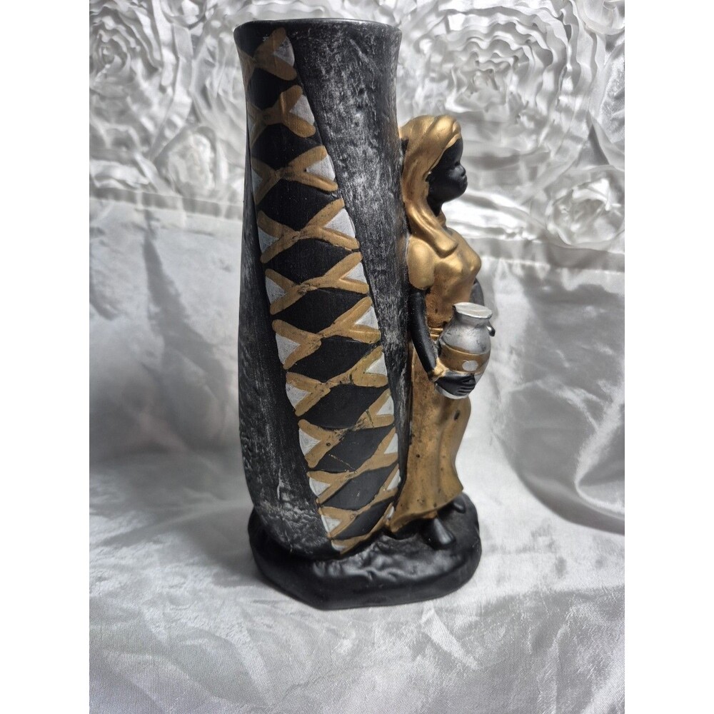 Vintage African Statue Woman W/Pitcher Vase Black Gold 8.25” Tall